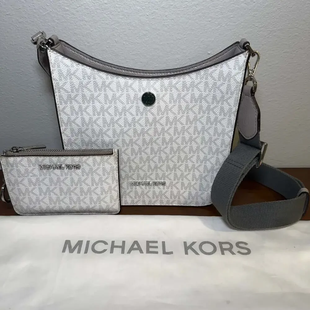 Michael Kors White Monogram Crossbody with Gray Strap